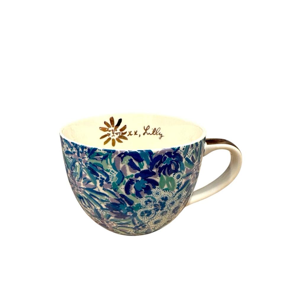 Lilly Pulitzer Coffee Mug Floral Gold Handle Ceramic Blue Purple Tea Cup Signed